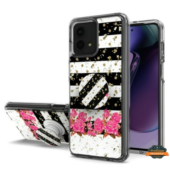 For Motorola Moto G Stylus 5G 2023 Elegant Pattern Design Bling Glitter Hybrid with Ring Pop Up Finger Holder Kickstand Phone Case Cover by Xpression - Black White