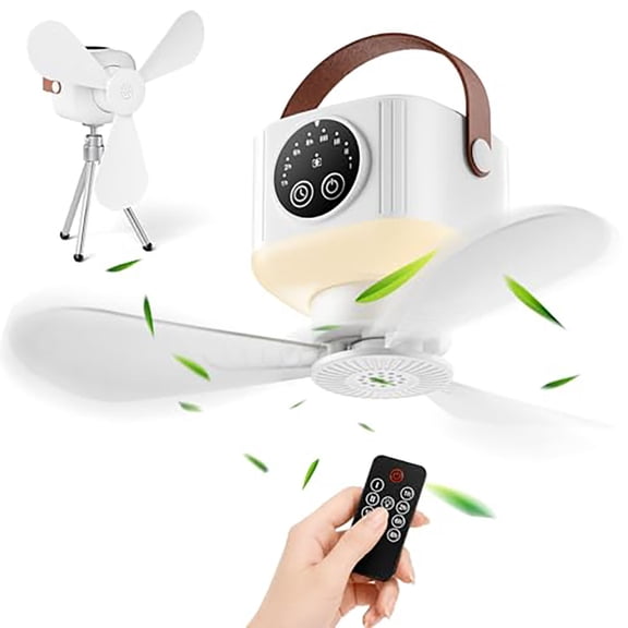 Portable Ceiling Fan, 9.25" Battery Operated Camping Fan with Light and Remote with 4 Speeds, 7200mAh Rechargeable Battery, Timer, 360° Flexible Head, Tripod & Hook for Tent, RV, Travel