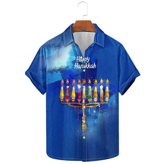 Bzhegqhd Men's Fashion Casual Hanukkah Printed Shirt Short Sleeve Button Up Short Sleeve Lapel Shirt