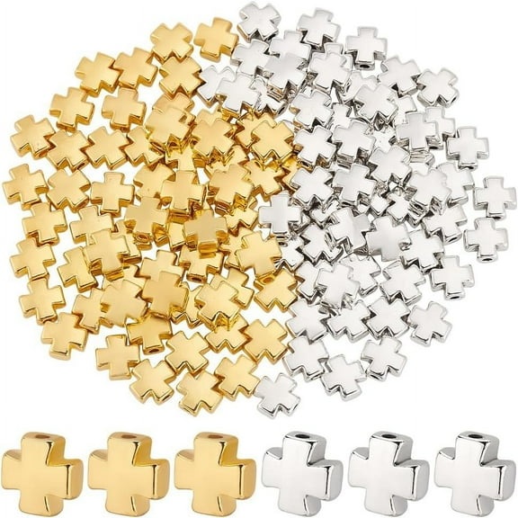 PH 120PCS Easter Beads 2 Colors Holy Spacer Beads Charms Metal Loose Bead for DIY Craft Jewelry Making Handmade Bracelets 8x7.5x3.8mm Silver and Golden for DIY