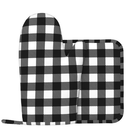 

Oven Mitts and Pot Holders Sets Black White Twill Stripe Plaid Non-Slip Silicone Oven Gloves Potholders Cotton Lining Heat Resistant Gloves Hot Pads for Kitchen Cooking Baking