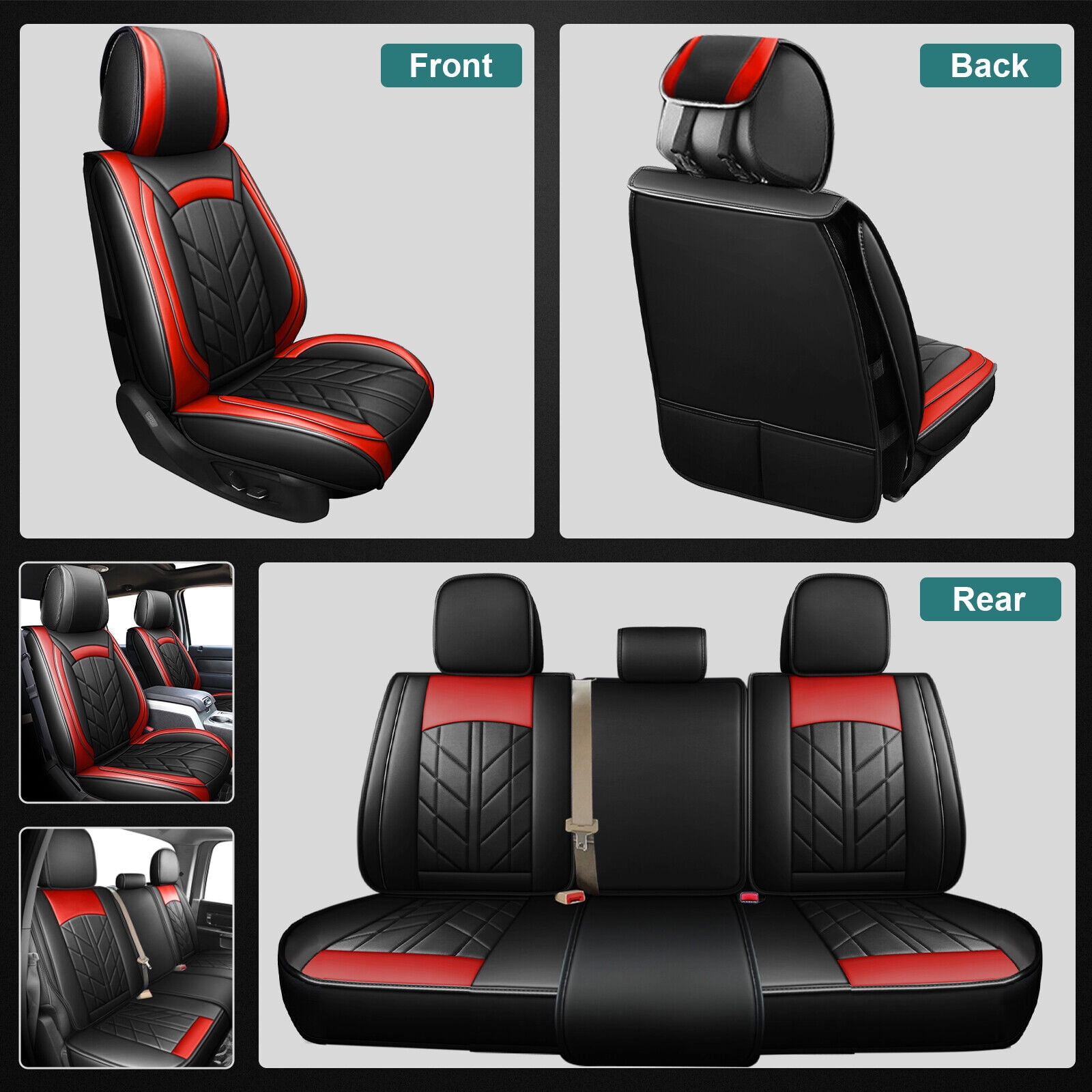Customed For 2005-2023 Toyota Tacoma Crew Cab Front&Rear Seat Covers PU Leather Full Set,Black&Red