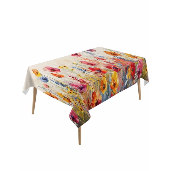 Pastoral Botanical Rectangle Tablecloth, Watercolor Spring Summer Flowers Rustic Waterproof & StainResistant Tablecloth, Oil-proof Table Cover for Dining/Party/Wedding/Camping/Buffet 60x120 In