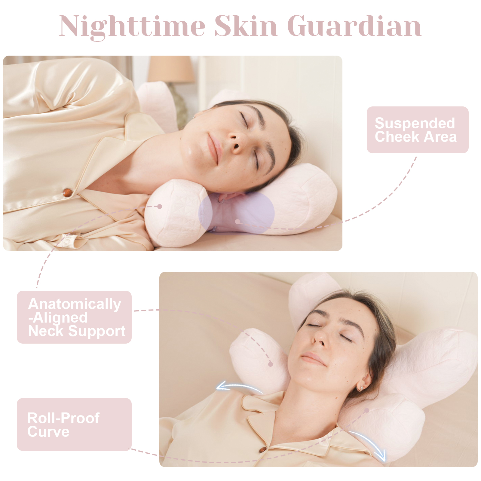 RoamReady Anti Wrinkle Anti-Aging Side Sleeper Pillow, Soft Neck Support Pain Relief Sleep Aid Beauty Pillow, Adult Pink