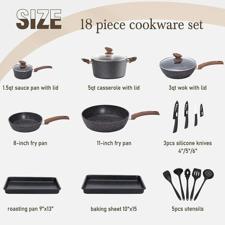 Kitchen Academy Induction Cookware Set - 18 Piece Granite Non-stick Cooking  Pans Black Pots and Pans Set with Silicone Utensils（PFOA&PFOS-Free） 