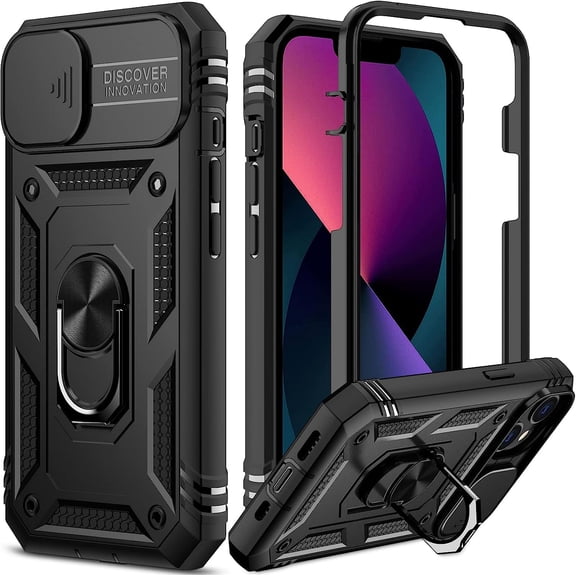 For iPhone 13 Case with Sliding Camera Cover Military Grade 2 in 1 Heavy Duty Protective Dust Proof Magnetic Rotate Ring Holder Kickstand Case for iPhone 13(Black)