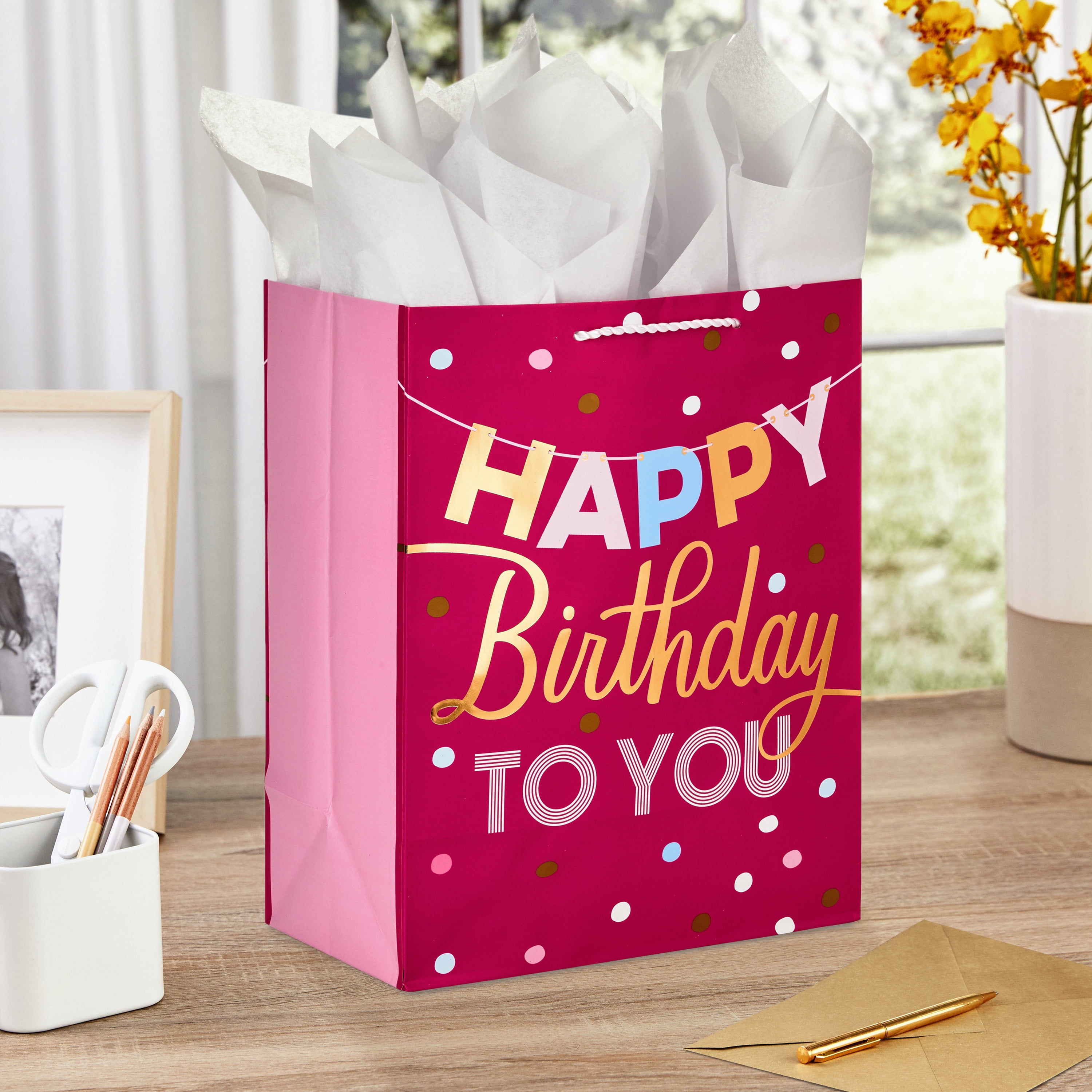 Hallmark Large Birthday Gift Bag (Pink and Gold Banner), 1 count