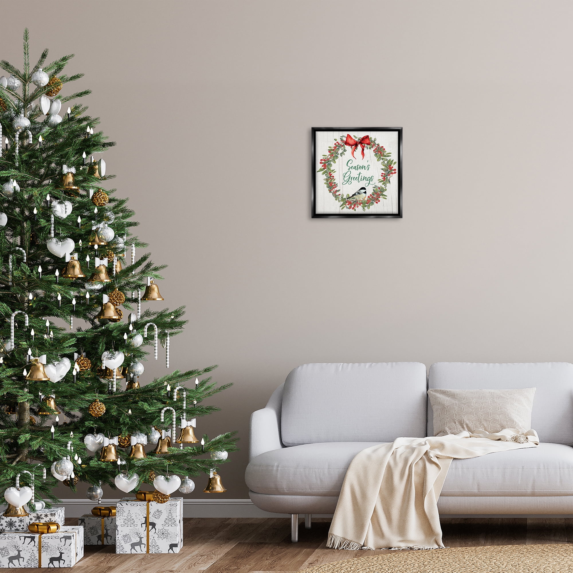 Stupell Industries Season's Greetings Wreath Holiday Painting Black Floater Framed Canvas Art Prints Wall Art, 18 x 18