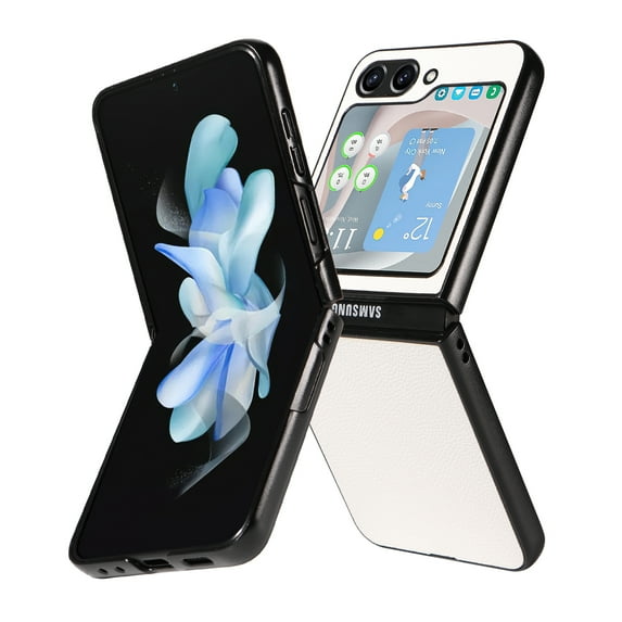 Case for Samsung Galaxy Z Flip 5 Lychee Pattern PU Leather Folding Cover, Rugged PC Bumper Shockproof Lens Protection Anti-Scratches Slim Case for Samsung Galaxy Z Flip 5,White