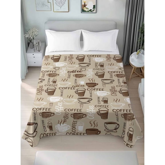 Coffee Queen Size Flat Sheet, Wrinkleproof & Fadeproof Cooling Flat Bed Sheet Only, Beige Farmhouse Retro Beans Latte Tea Cup Funny Breathable Soft Bedding Top Sheets 90 x 102 Inches