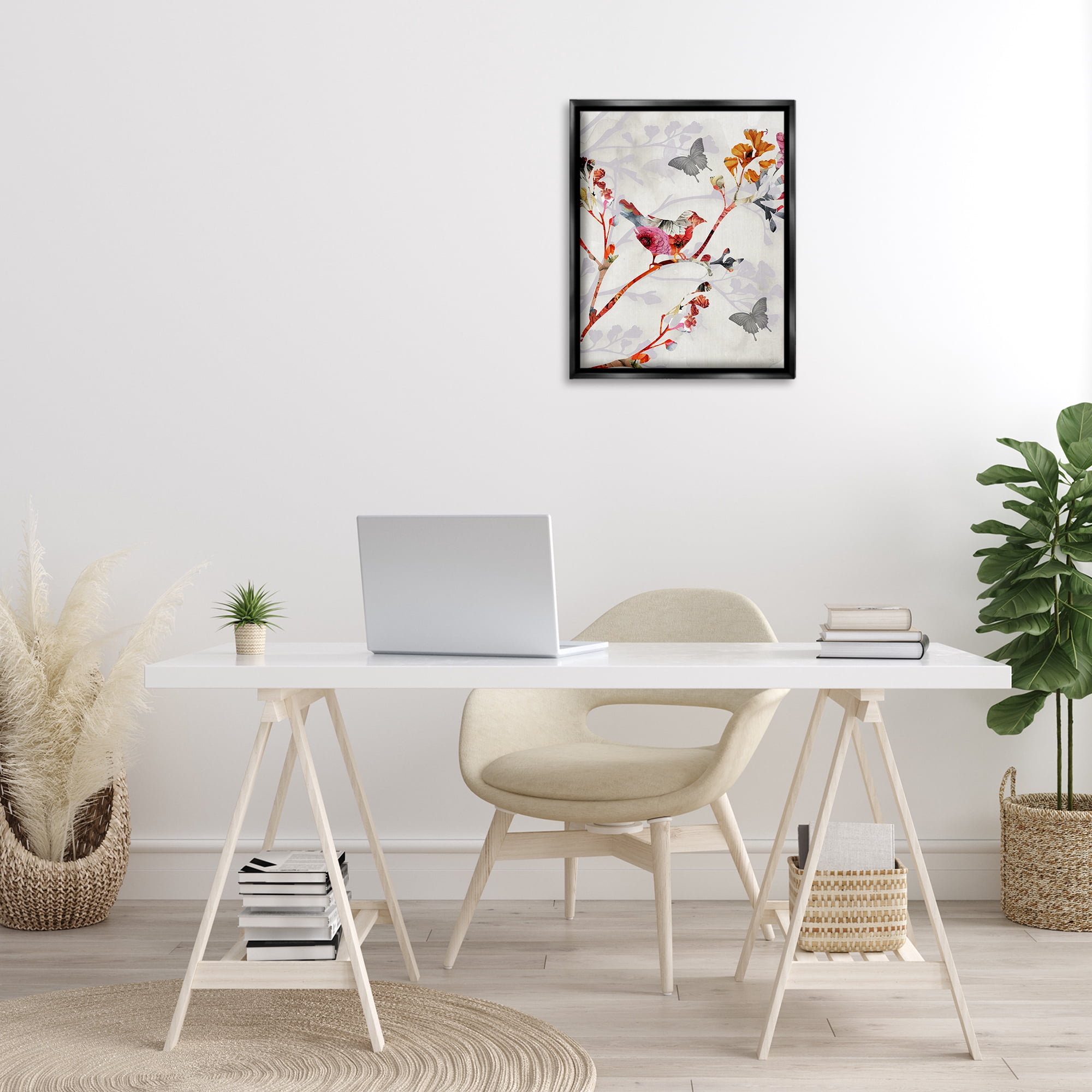 Stupell Industries Birds & Butterflies Nature Landscape Painting Black Floater Framed Canvas Art Print Wall Art, 17 x 21