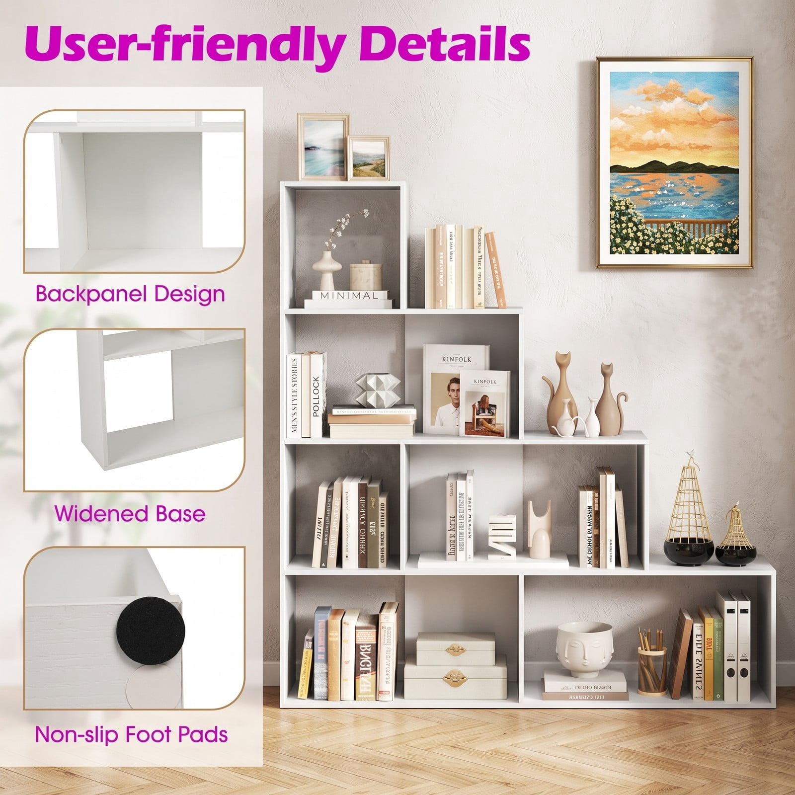 Furnibear 4-Tier Stair Bookshelf, Geometric Ladder Bookcase with 6 Open Cube Display Shelves, Freestanding Corner Storage Rack for Living Room Bedroom Home, White