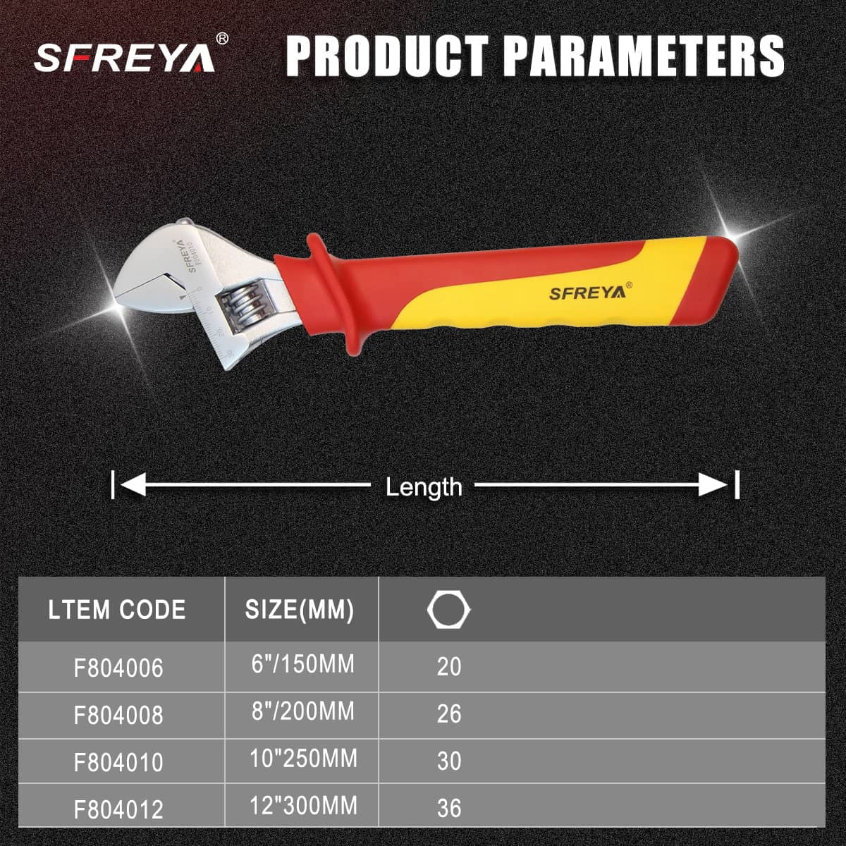 SFREYA F804010 Insulated Adjustable Wrench, VDE Certified 1000V Live Wire Work, Ergonomic Non-Slip Handle, European & US Standard Professional Electrician Insulated Spanner Tool