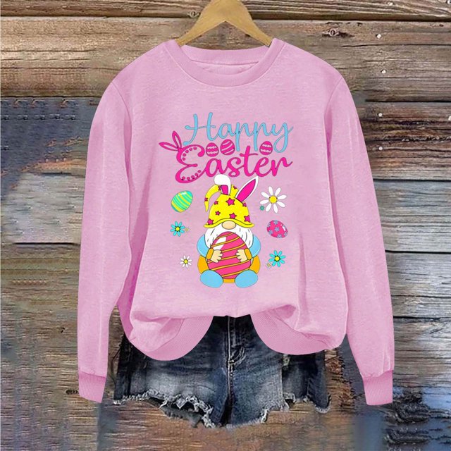 Jsaierl Chandails de Pâques pour Femmes Tendance Imprimé Graphique Lapin Pulls Décontractés Manches Longues Col Rond