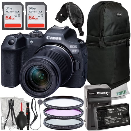 Ultimaxx Essential Canon R7 Camera with 18-150mm Lens International Model Bundle - Includes: 2x 64GB Ultra Memory Cards, 3PC Protective Filter Kit, Spare Battery & More (27pc Bundle)