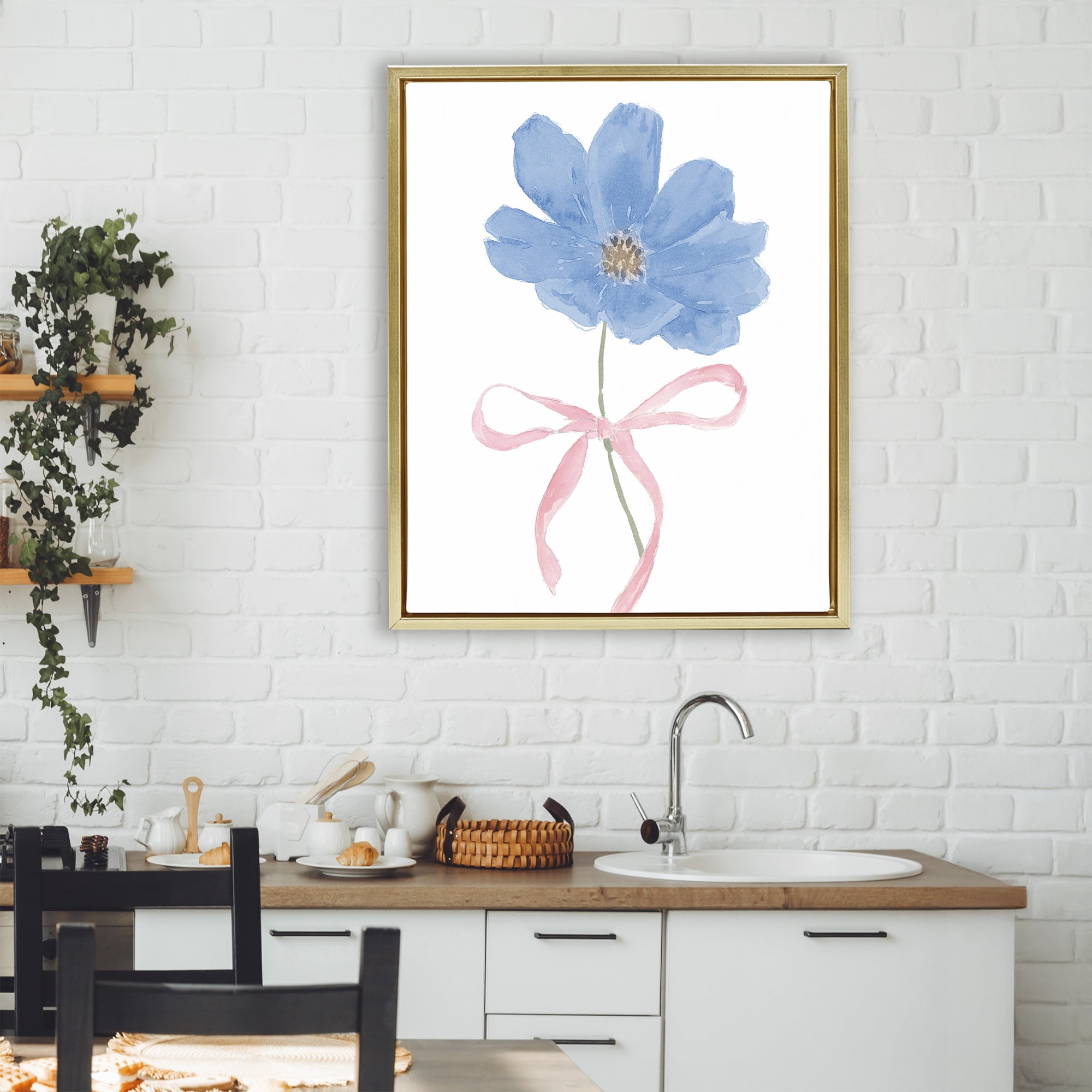 Stupell Industries Blue Bow Bloom Gold Framed Floater Canvas Wall Art, design by Lucille Price