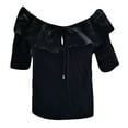 thumbnail image 6 of iHengLiXing Boat Neck Off Shoulder Tops for Women Women Fashion Ruffled Loose Color Short Sleeved Off Shoulder Casual Tops Black M, 6 of 7