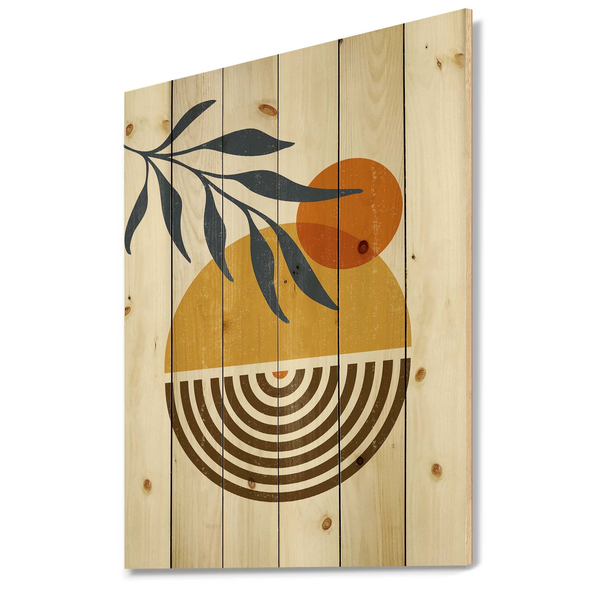 Designart 'Abstract Shapes With Botanical Minimalist Leaf IV' Modern Print on Natural Pine Wood