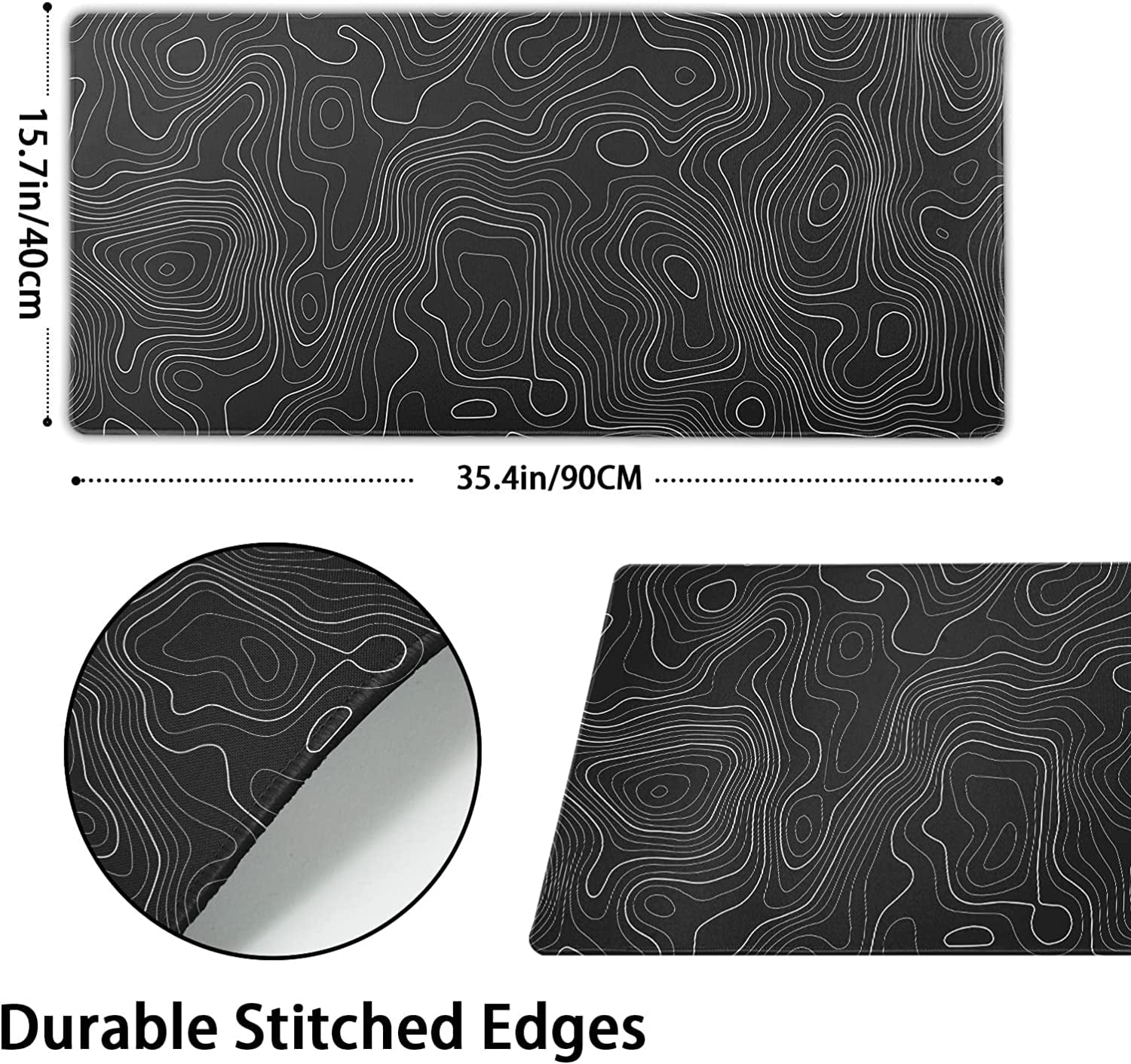 Topographic Map Large Mouse Pad XXL Black Lines Contour Geographic Extended Large Desk Mat Big Desk Pad 90X40 CM Non-Slip Rubber Base Stitched Edge Long Mousepad,35.4 x 15.7 Inch