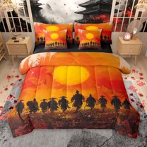 Manfei Kids Japanese Samurai 7pcs Bedding Comforter Set, Black Orange Oil Printing Queen Bedding Sets, Ancient Tokyo Scenery Reversible Queen Sheet Sets, Luxury Bedroom Decor