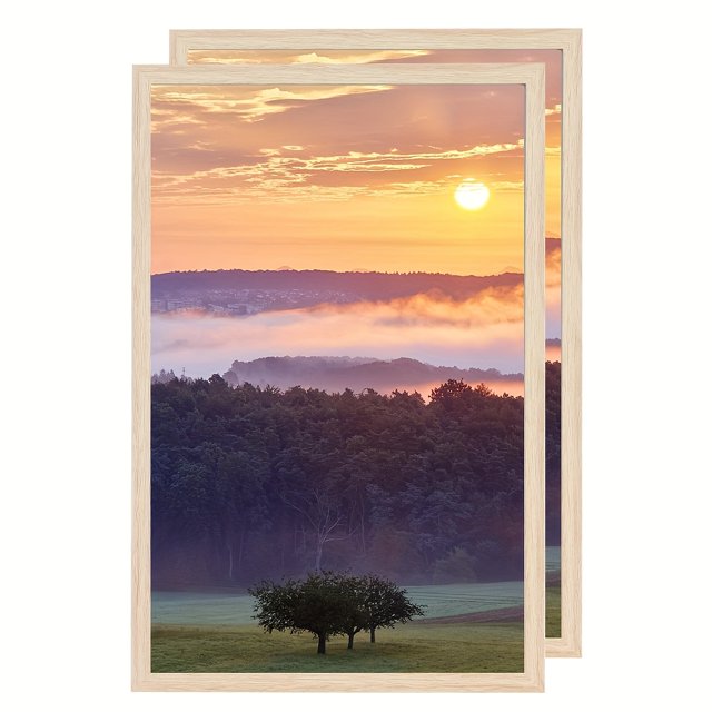 11X17, 2pcs high-quality photo frame set featuring a natural wood finish, designed for gallery wall photo displays or poster framing. The frames showcase a vibrant sunset landscape with a tree in the foreground, ideal for home or office wall decoration. Suitable for creating a collage wall or enhancing any space with decorative paintings.