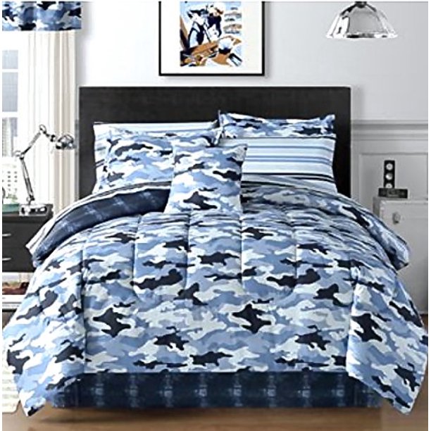 Sky Blue Camouflage Camo Army Boys Queen Comforter Set (8 Piece Bed In A Bag)