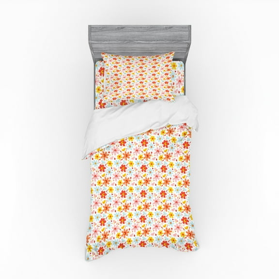 Watercolor Duvet Cover Set, Painting of Colorful Blossoming Spring Flowers, Bedding Set with Shams and Fitted Sheet, 3 Sizes, by Ambesonne
