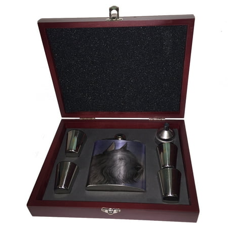 

KuzmarK 6 oz. Stainless Steel Flask Set in Rose Wood Presentation Box - Bouvier de Flanders Dog Art by Denise Every