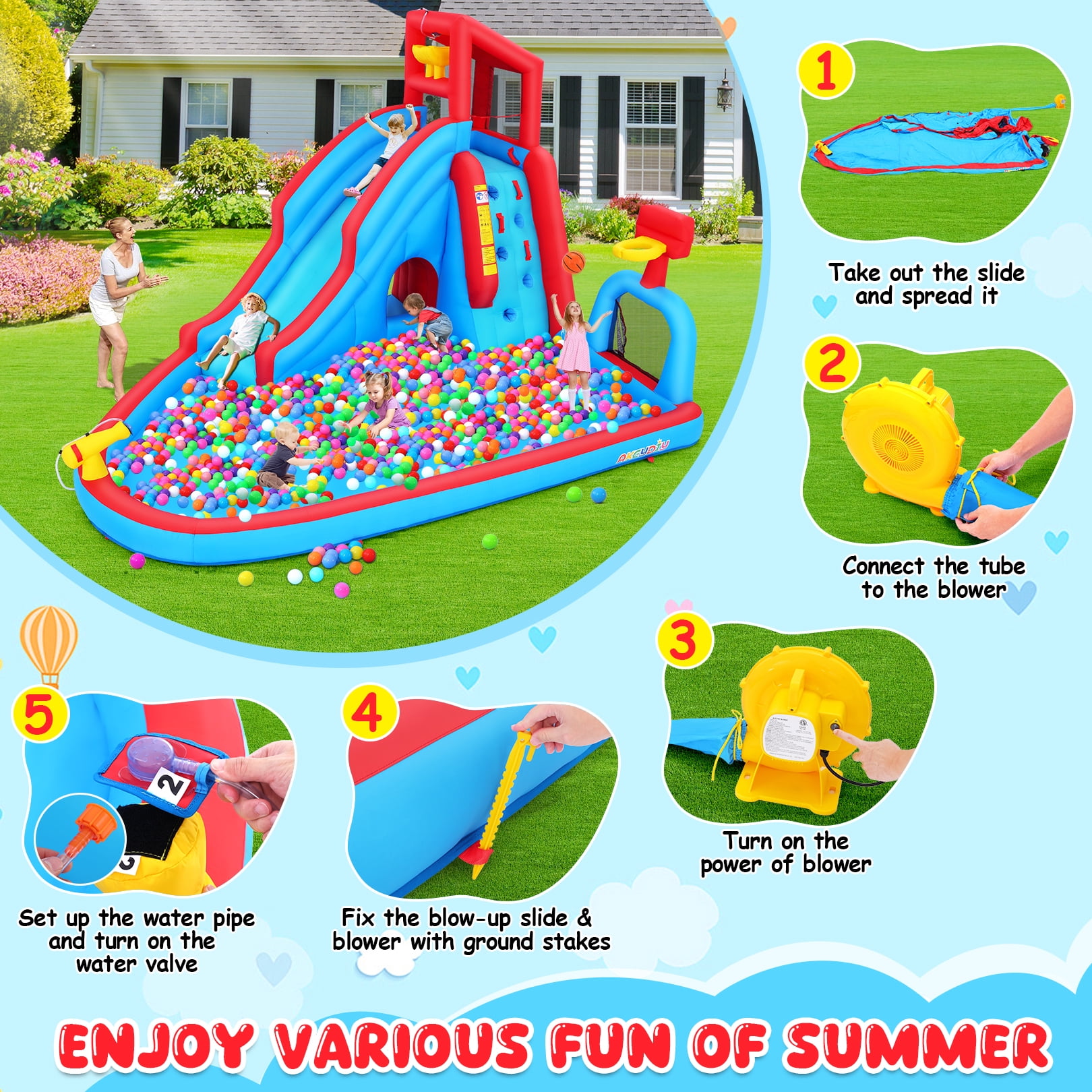 Veeboto Inflatable Water Slide with Pool, Climbing Wall, Basketball Hoop, Water Cannon, and Dump Bucket, Bounce House for Ages 3–10, Inflatable Water Park with Blower