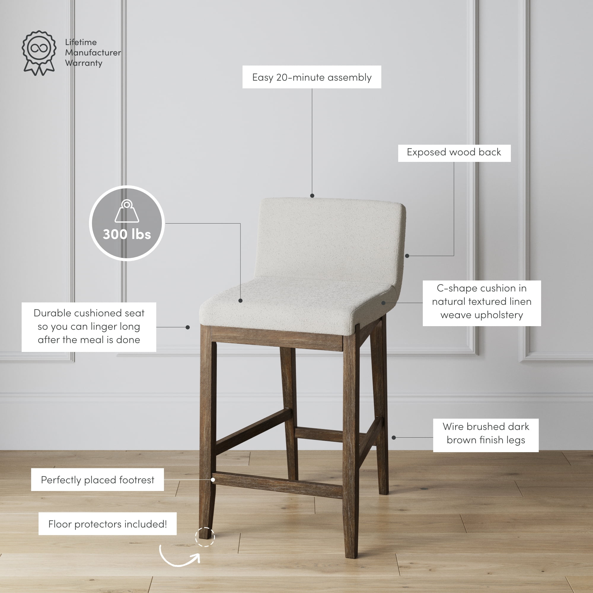 Gracie Modern Counter Height Bar Stool with Back, Counter Stool Upholstered Chair with Natural Textured Boucle Linen and Brushed Wooden Legs, White/Dark Brown