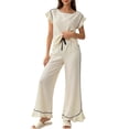 thumbnail image 3 of Tqcoqu Women's 2 Piece Pajama Set, Round Neck Ruffle Short Sleeve Contrast Piping & Drawstring Ruffle Hem Wide Leg Pants, Loungewear Sleepwear for Women, 3 of 7