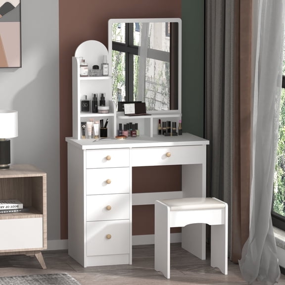 MONSLIPA Vanity Set with Mirror, Makeup Vanity Dressing Table with 5 Drawers, Shelves, Dresser Desk and Cushioned Stool Set (White/ Mirror)