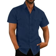 ZCFZJW Men's Casual Linen Button Down Shirt Short Sleeve Beach Shirt Solid Color Regular Fit Lightweight Holiday Vacation Tops with Double Front Pockets Navy L