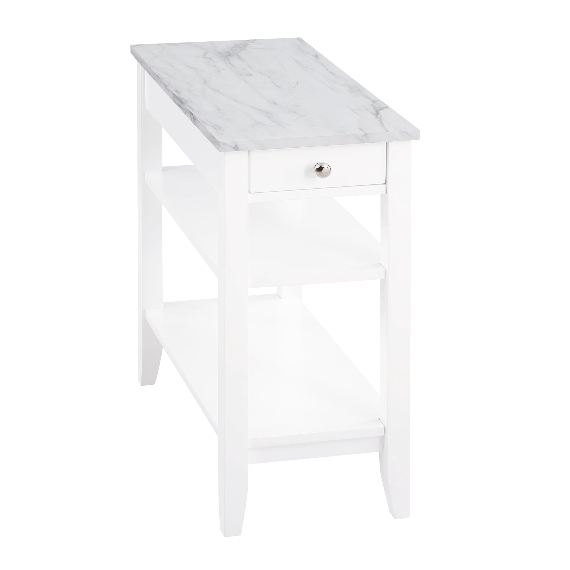 Convenience Concepts American Heritage 1 Drawer Chairside End Table with Shelves, White Faux Marble/White