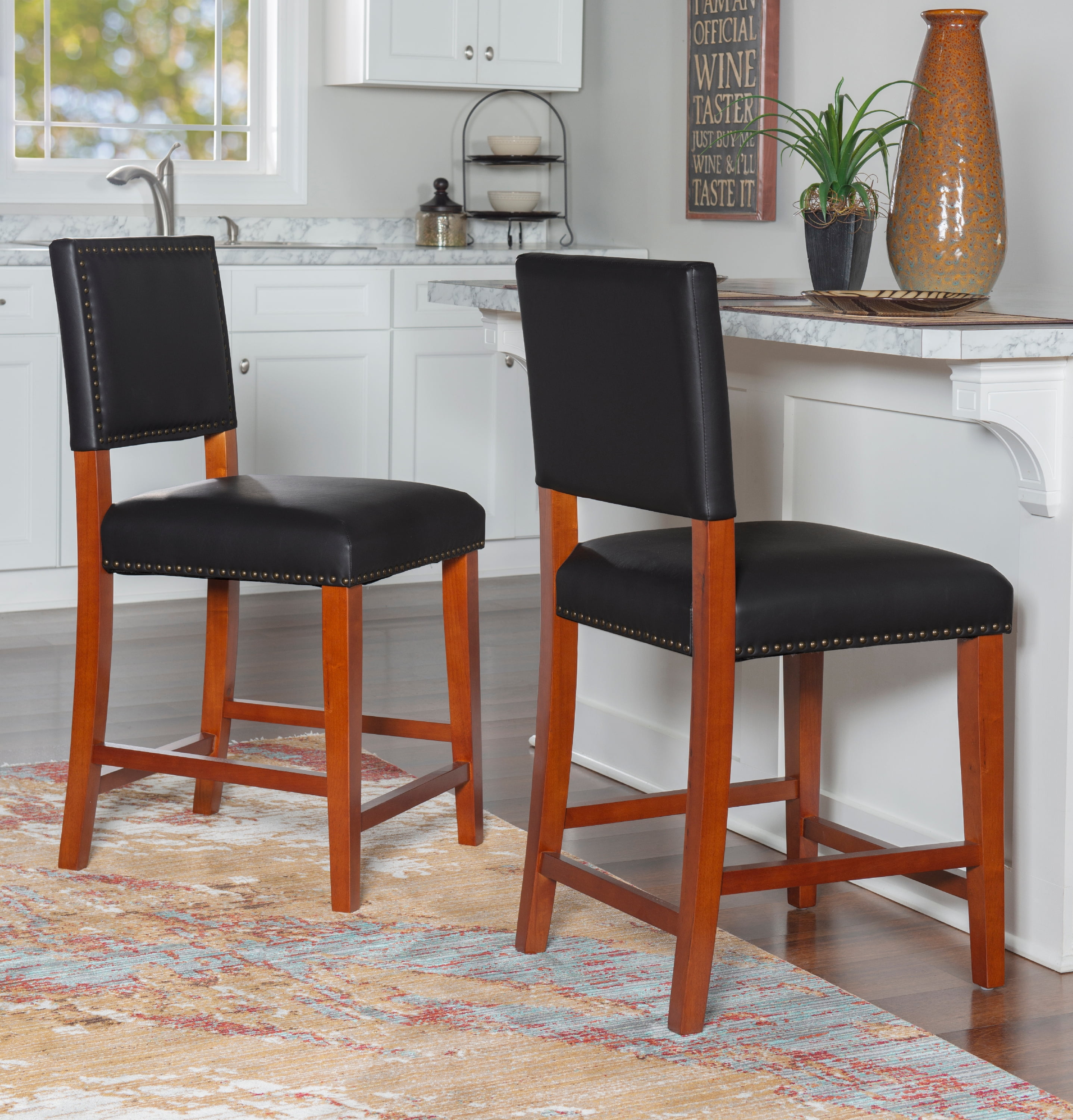 Linon Bristol 24" Indoor Wood Counter Stool, Black Faux Leather