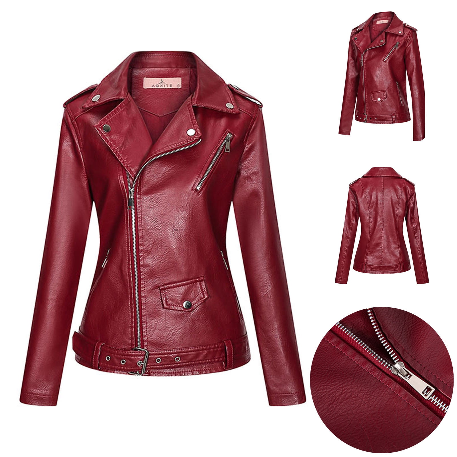 Vintage Women Punk Biker Motorcycle Lapel Soft Leather Zipper Slim Jacket Coat 