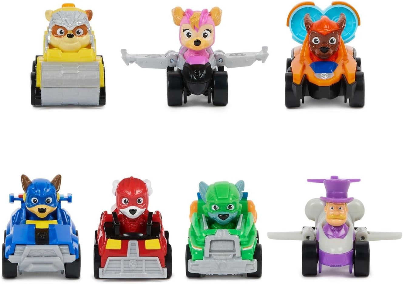Paw Patrol: The Mighty Movie Toy Vehicle Set- 7 New Cars & Trucks w Exclusive Mayor Humdinger Action Figure-Includes Rubble, Chase, Skye, Zuma, Marshall, Rocky - Gift for Kids
