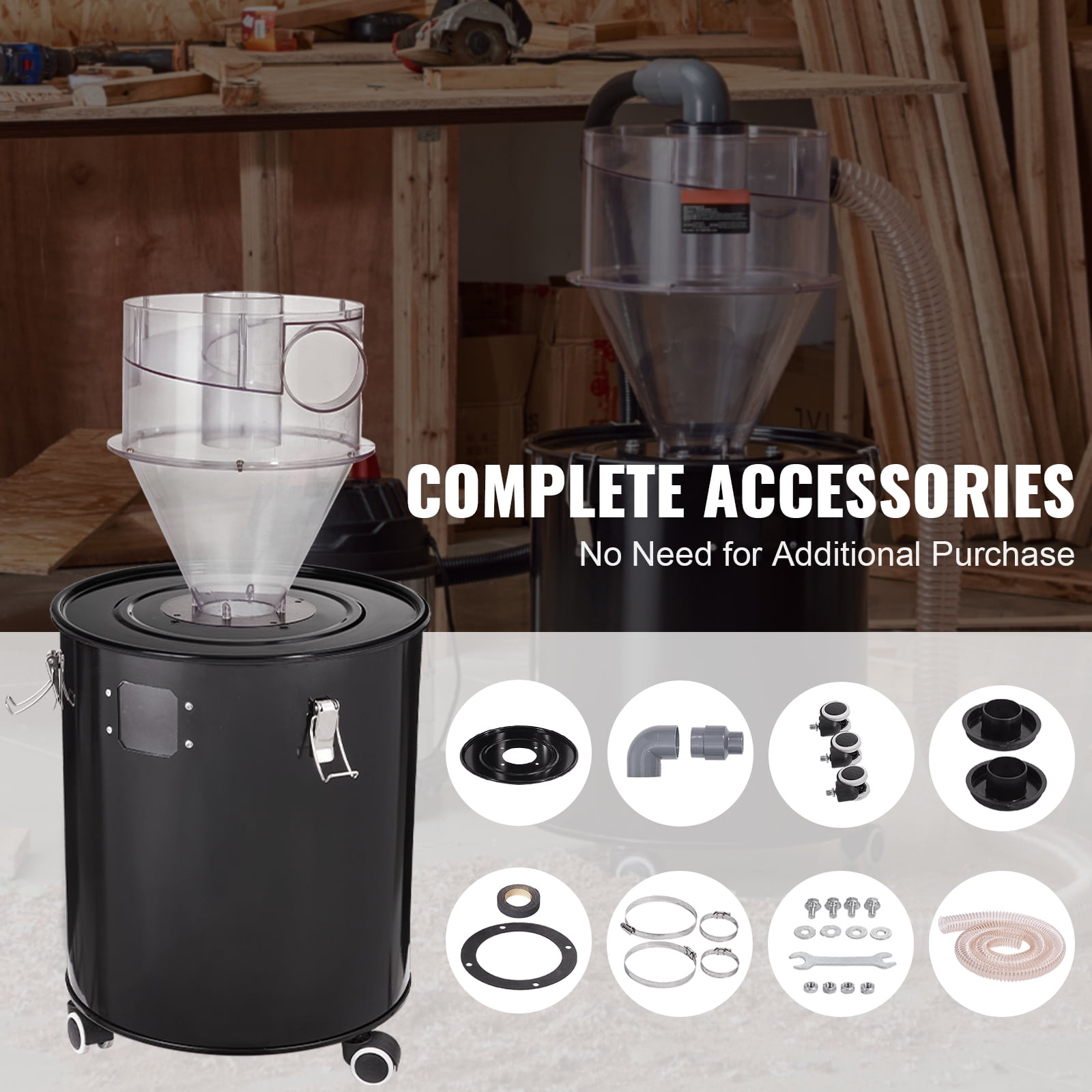 KFFKFF Dust Cyclone Kit with Steel Container, 4" Upgrade for Dust Collection Systems, ABS Dust Deputy, 2" Outer Diameter Connector & Hose for Wet/Dry Vacuums, Compatible with 13.21 Gallon Tanks