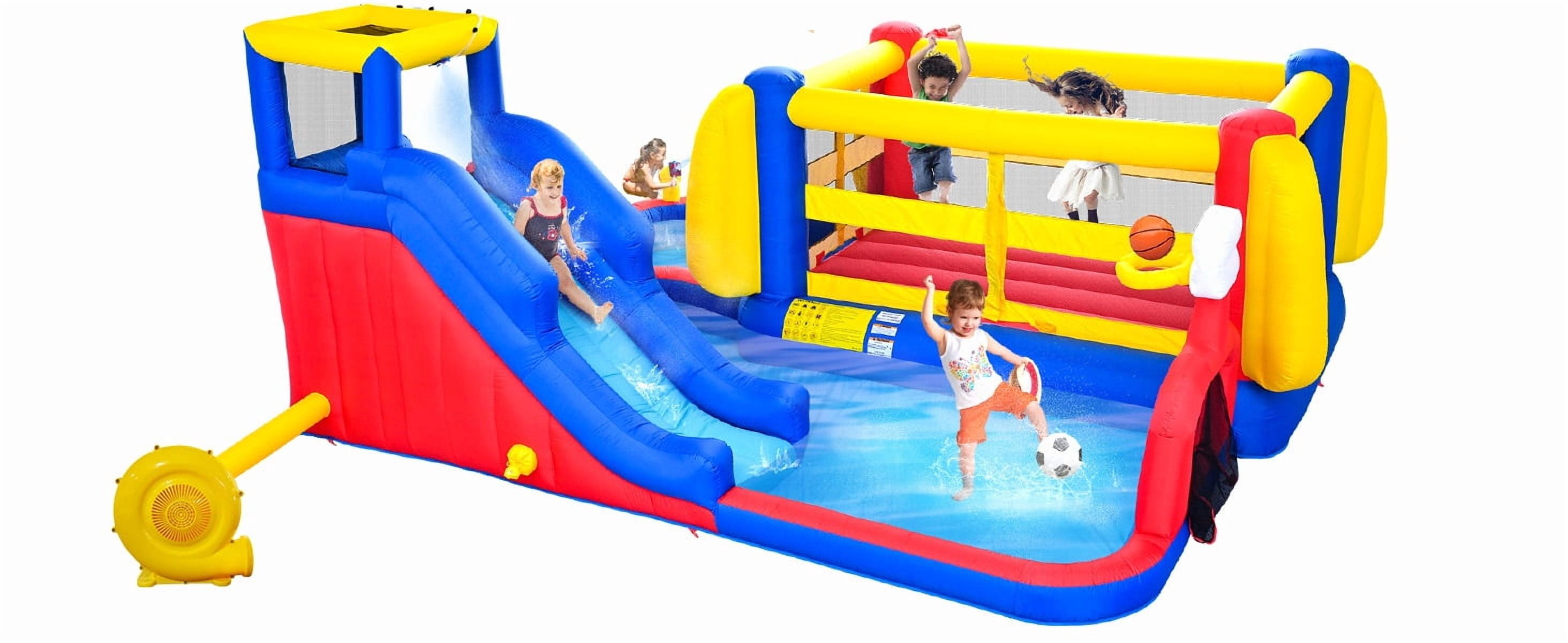 7 in 1 Inflatable Water Slide Park, Kids Bounce House with Climb Wall, Deep Pool, Basketball Hoop, Football Gate and Water Cannon for Backyard Outdoor Play