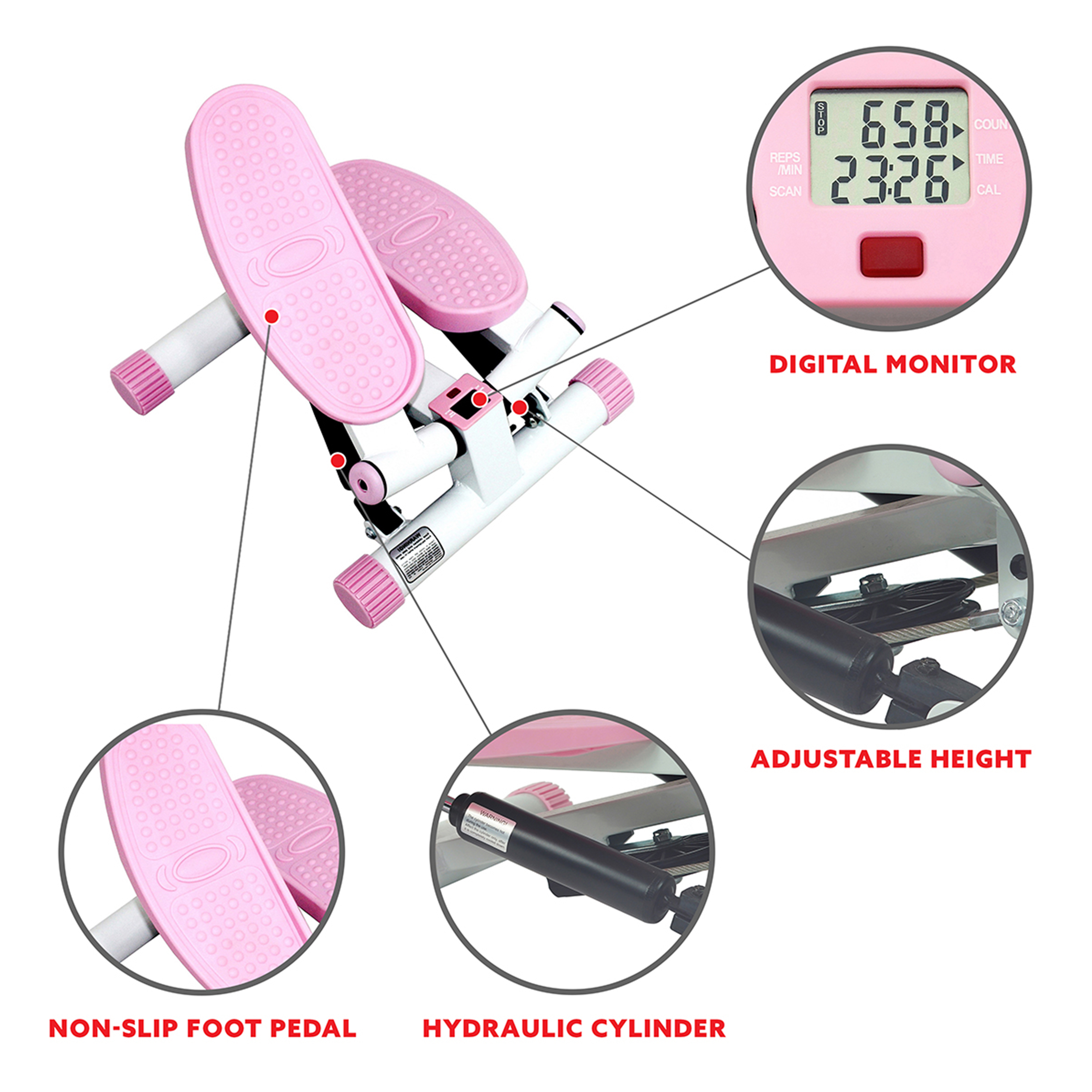 Sunny Health & Fitness Pink Adjustable Twist Stepper Machine w/ LCD Monitor - Mini Stair Stepper for at Home Exercise, P8000 - image 4 of 9