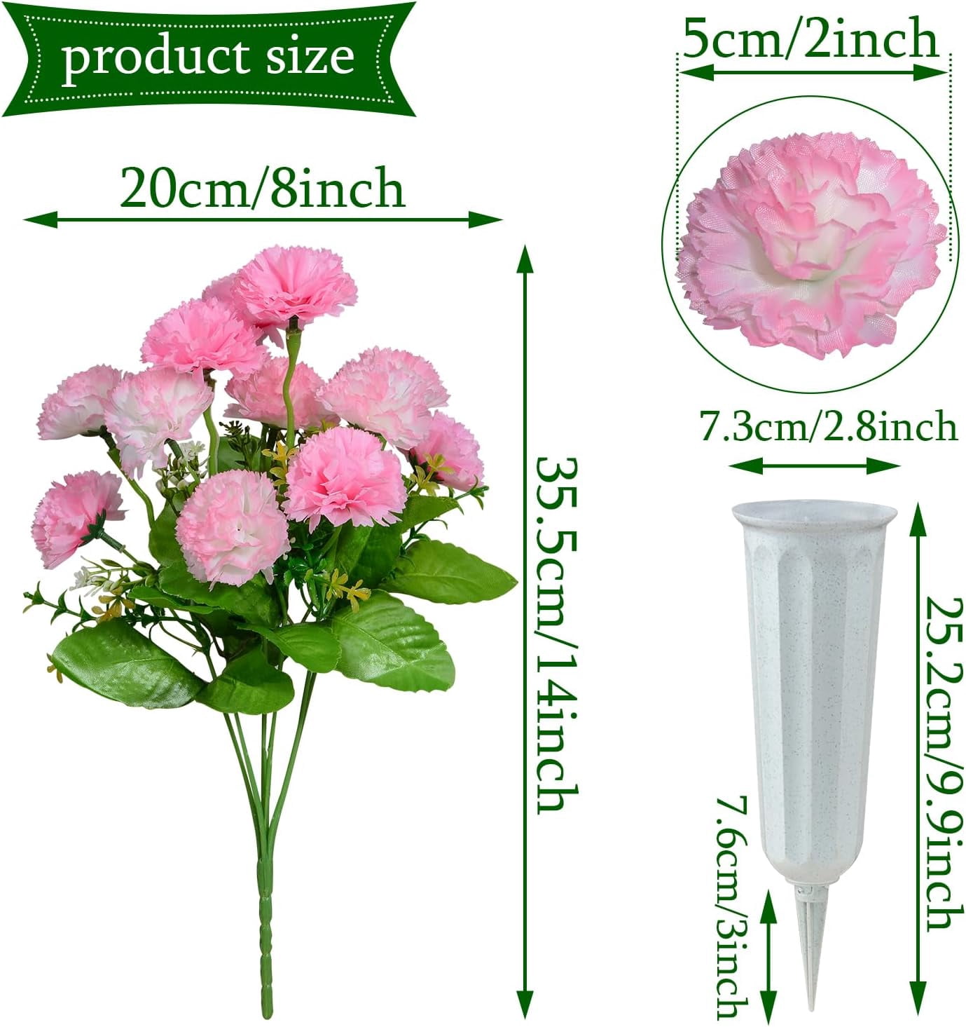 Cemetery Flowers, Set of 2 Artificial Carnation Bouquet Grave Memorial Flowers with Vase for Cemetery Headstones Decoration (Carnation)
