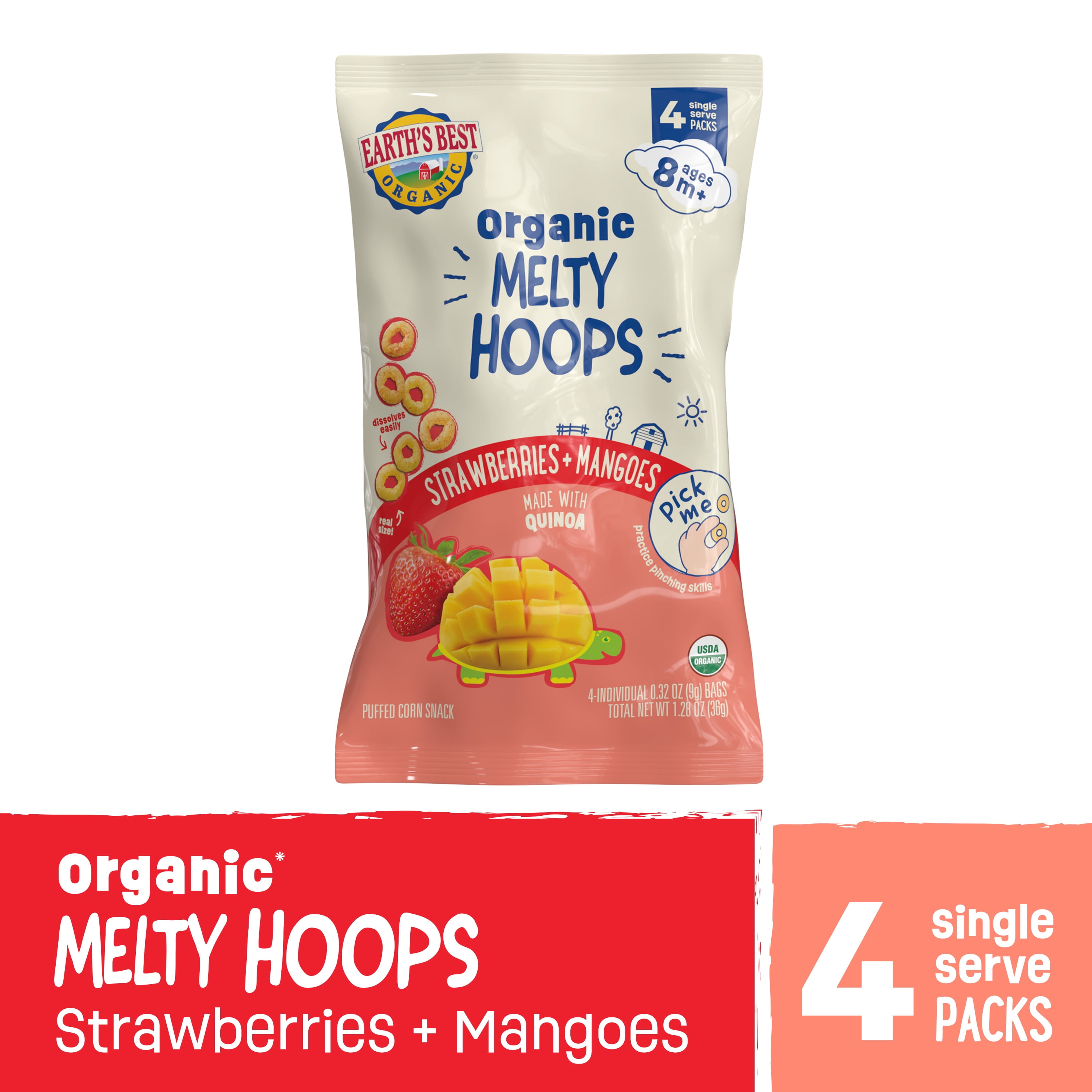 (5 pack) Earth's Best Organic Bite-Size Melty Hoops Strawberry Mango Puffed Baby Snack, 0.32 oz Bags (4 Pack)
