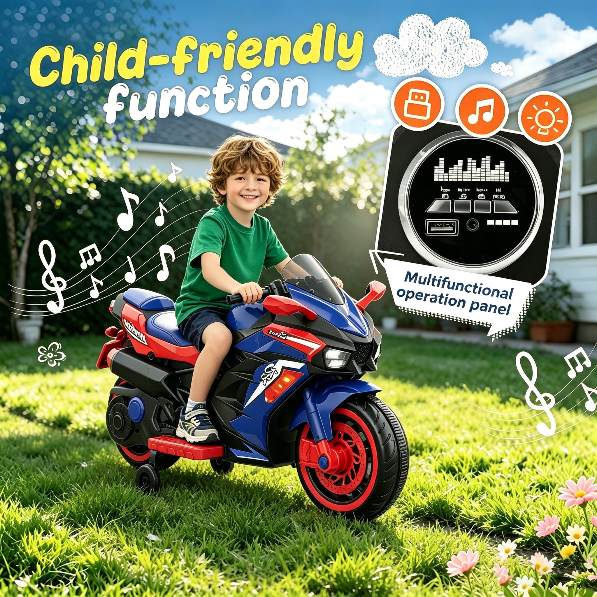 HNH 12V Ride on Motorcycle, Kids Motorcycle with Remote Control, Music, Bluetooth, Lights，Electric Motorcycle for Boys Girls