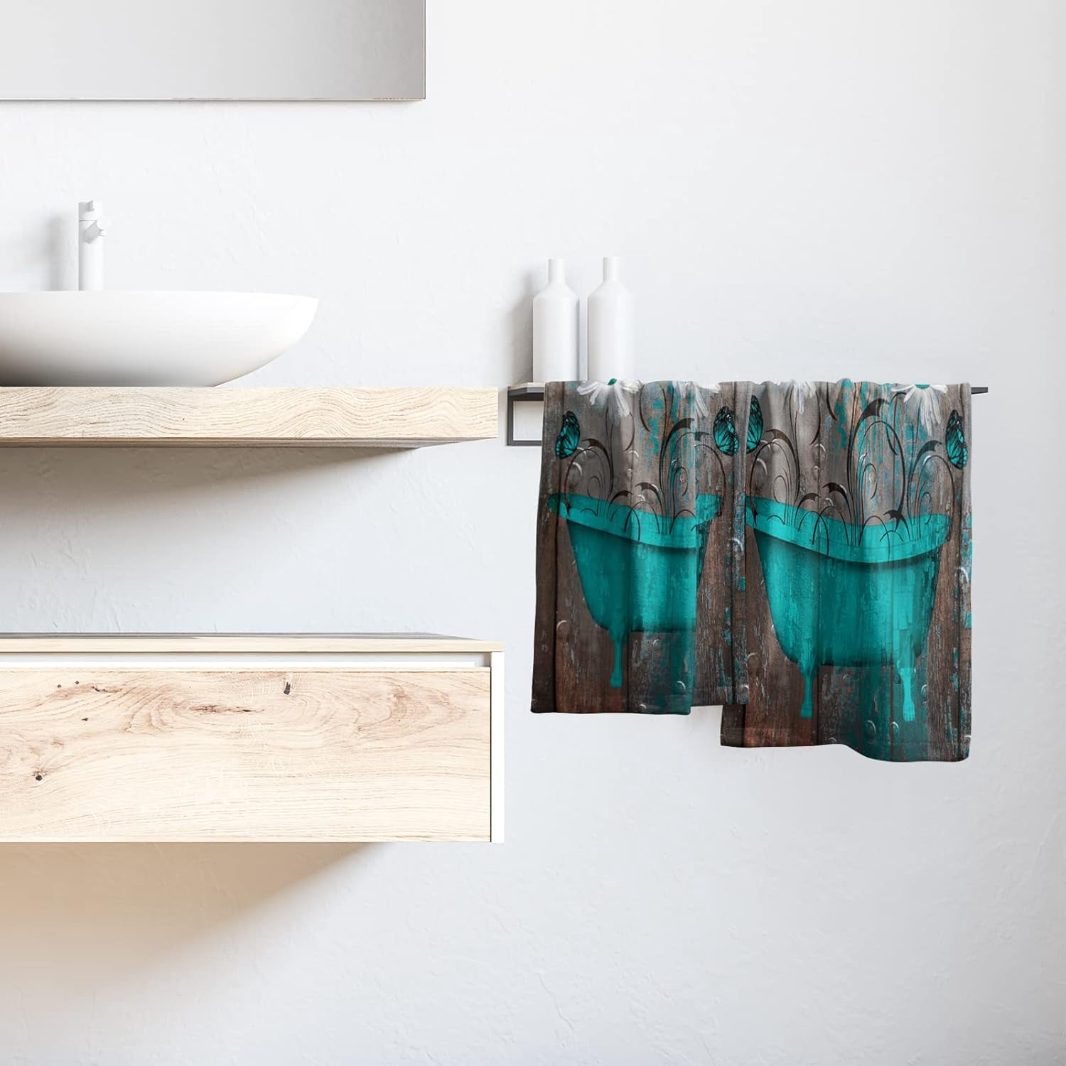 Retro Barn Teal Green Brown Floral Hand Towels  Daisy Turquoise Butterfly Fingertip Towel Set Rustic Wooden Kitchen Decor Dish Towels for Bathroom, Hotel, Gym,Spa