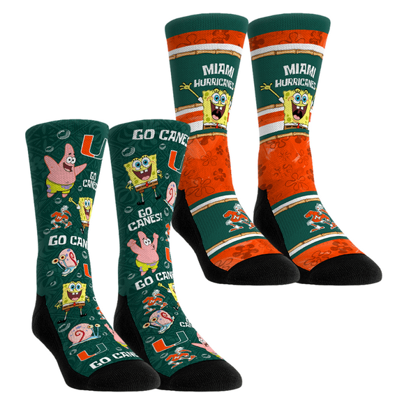 Unisex Rock Em Socks Miami Hurricanes SpongeBob SquarePants Two-Pack Crew Socks Set