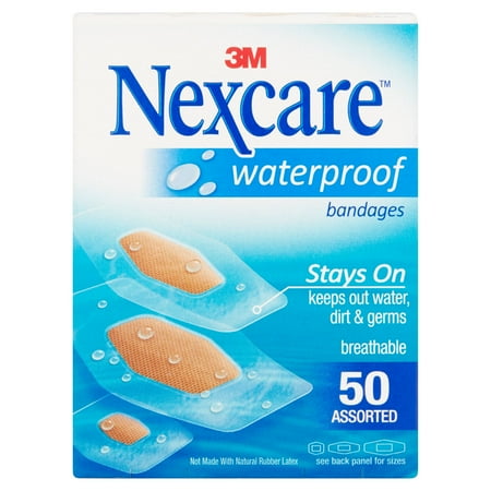 Nexcare Waterproof Bandages, Protects Cuts, Scrapes, Abrasions, and Blisters, Assorted Sizes, Clear, 50 Ct Package