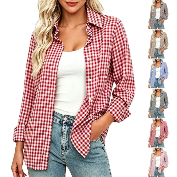 Plaid Button Down Shirts for Women Helii Loose Fit Tunic Blouse Classic Business Casual Top Collared Office Work Shirt for Fall Winter Layering 2026 New | Red,L