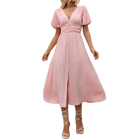 Women's V-Neck Puff Sleeve Dress with Decorative Button and Slit Ruched Detail 80% viscose 20% polyamide Casual Chic Wear