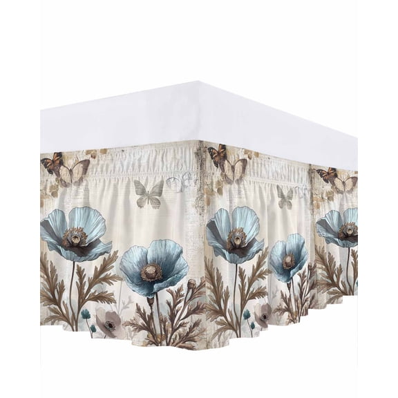 Vintage Poppy Butterfly Bed Skirt California King Size 16" Drop Blue Flowers Plant Ruffled Wrap Around Bed Skirts Adjustable Elastic Bedskirt Dust Ruffle for California King Size Bed
