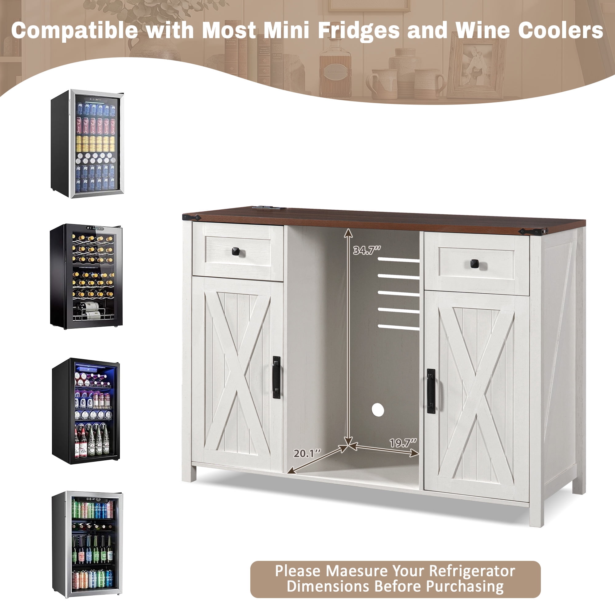 Mintazer 53.2" Farmhouse Coffee Bar Cabinet with Fridge Space & Charging Station, Barn Doors Sideboard Buffet Storage Cabinet with Drawers & Wine Glass Rack for Kitchen Dining Room Home Bar, White